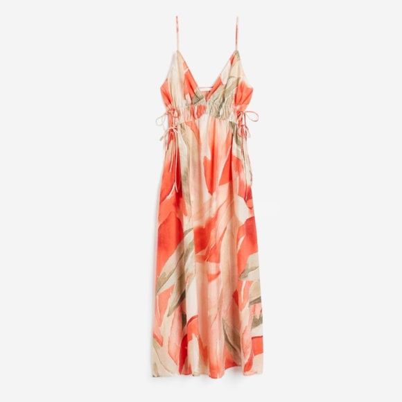 🌻H&M Coral Patterned Drawstring Detail Midi Dress Size Large - Picture 4 of 12
